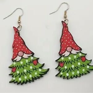Christmas Gnome Elf  Christmas Tree Earrings Wooden